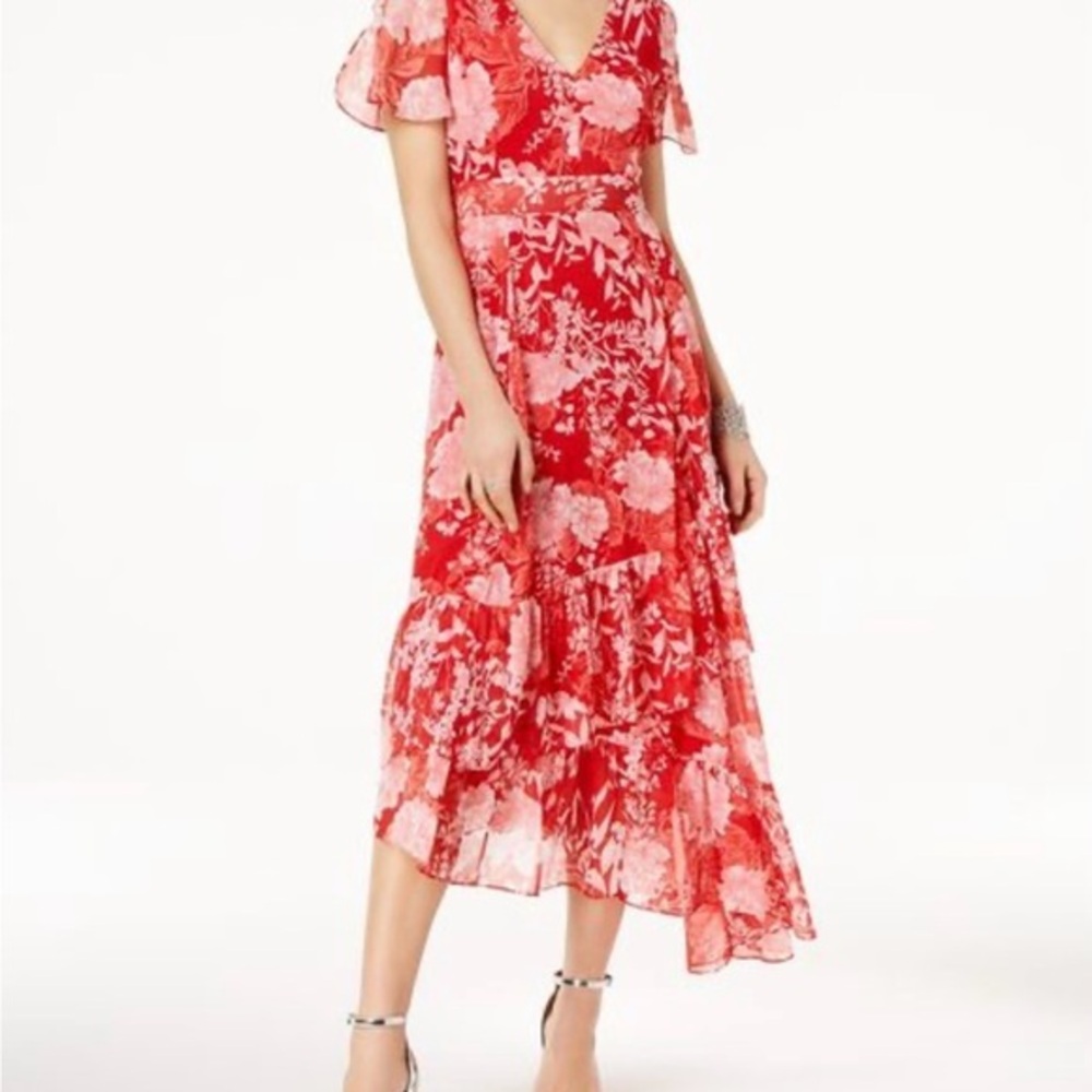 INC International Concepts Red Floral High Low Midi Dress Size 10